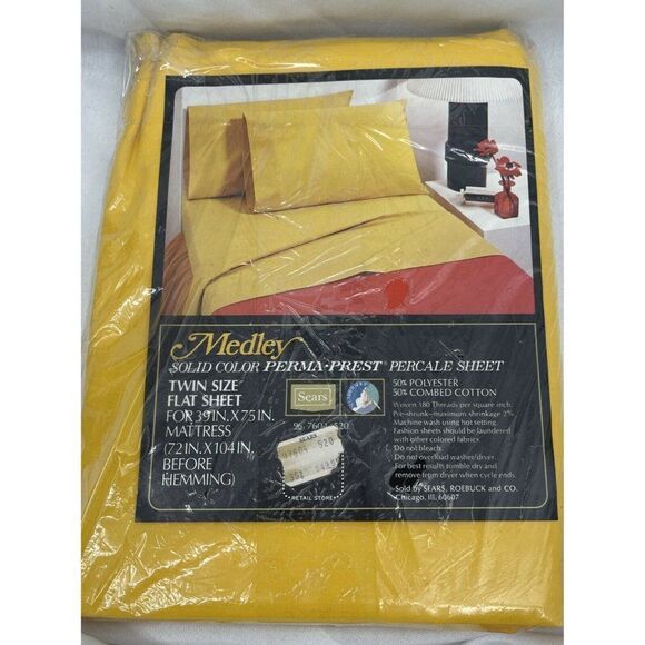 Vintage Sears Medley Yellow Gold PermaPrest Twin Size Flar Sheet Percale - Picture 1 of 2